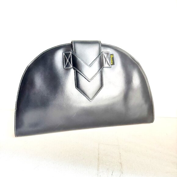 Vintage Paquetage Paris Large Black leather Oval Unique Clutch - Picture 6 of 8